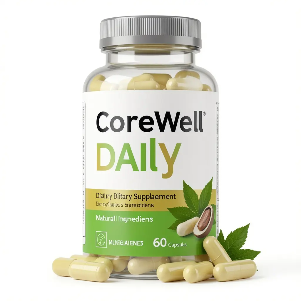 CoreWell Daily dietary supplement bottle containing 60 capsules with natural ingredients